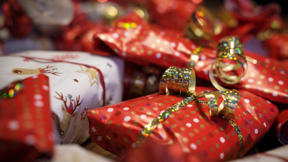 Red and white wrapped Christmas presents